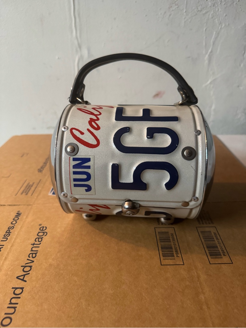 Little Earth White License Plate Print Barrel Bag with Black Handle
